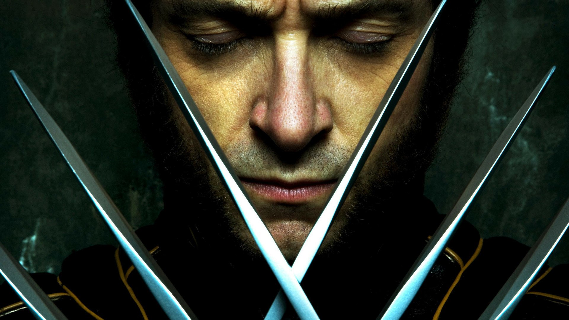 HD PC desktop wallpaper of Wolverine from the movie X-Men: The Last Stand — close-up with eyes closed and claws crossed before his face against a dark, moody background.