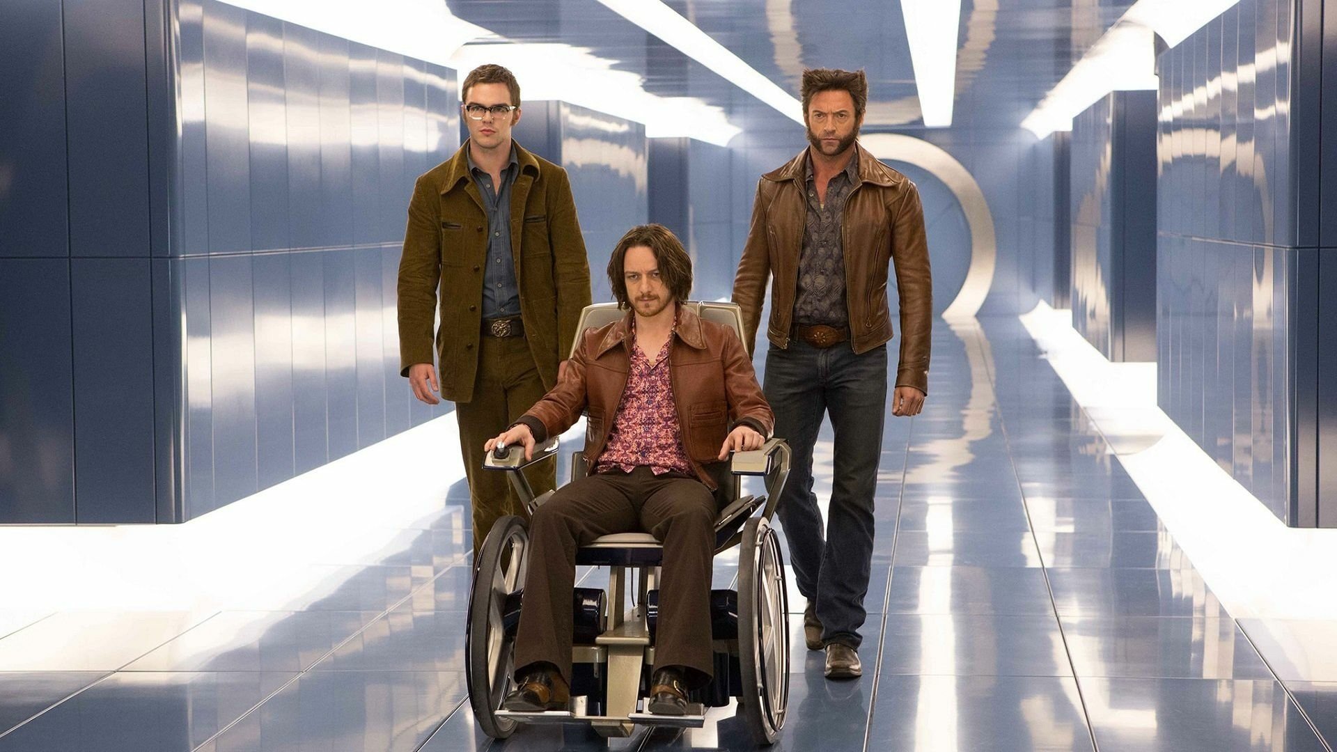 HD PC desktop wallpaper from the movie X-Men: Days of Future Past, featuring key characters walking through a futuristic corridor.