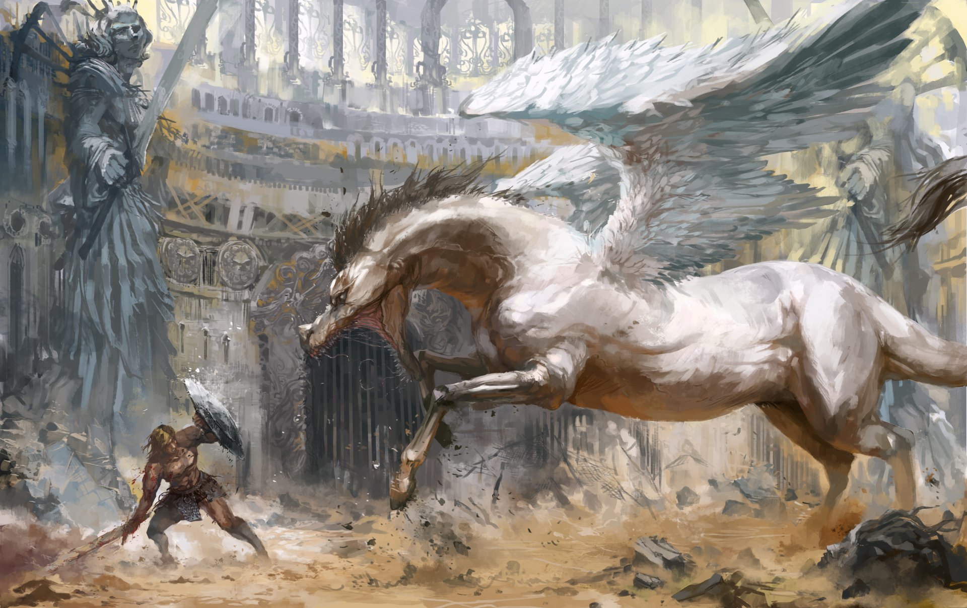 A fantasy warrior confronts a winged horse amidst ancient ruins, depicted in an HD PC desktop wallpaper blending epic battle and mythical themes.