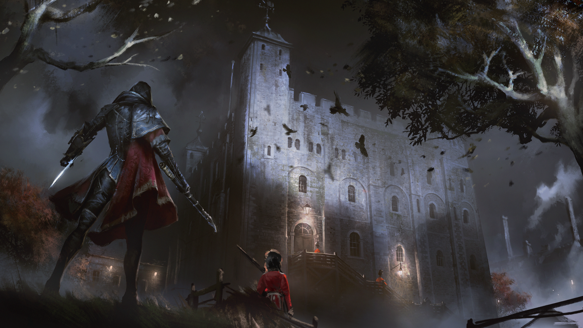 Evie Frye stands in a dramatic, shadowy landscape, with a looming castle and dark trees, capturing the essence of Assassin's Creed: Syndicate in this vivid 4K Ultra HD wallpaper.