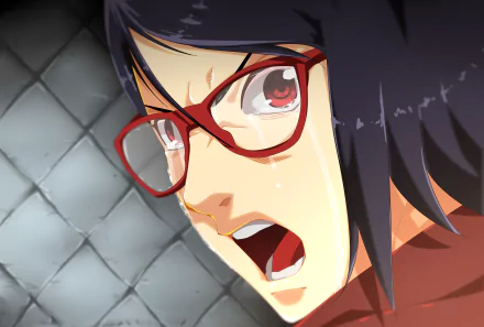 HD wallpaper featuring Sarada Uchiha from Boruto: Naruto the Movie, displaying an intense expression with glasses, set against a textured background.
