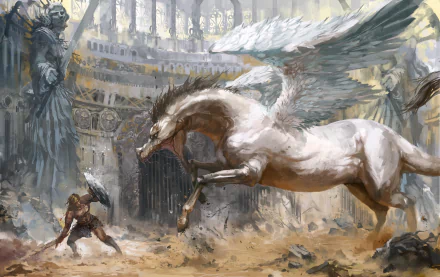 A fantasy warrior confronts a winged horse amidst ancient ruins, depicted in an HD PC desktop wallpaper blending epic battle and mythical themes.