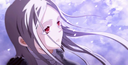 A captivating HD wallpaper featuring Shiro from Deadman Wonderland, showcasing her striking red eyes and flowing hair against a serene, pastel background.