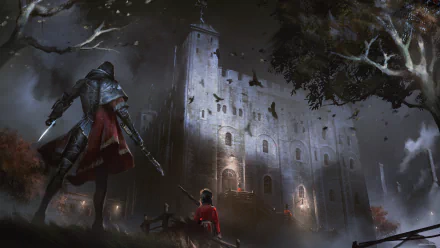 Evie Frye stands in a dramatic, shadowy landscape, with a looming castle and dark trees, capturing the essence of Assassin's Creed: Syndicate in this vivid 4K Ultra HD wallpaper.
