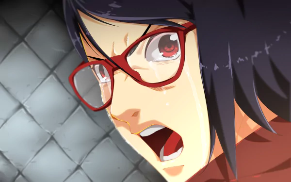 HD wallpaper featuring Sarada Uchiha from Boruto: Naruto the Movie, displaying an intense expression with glasses, set against a textured background.