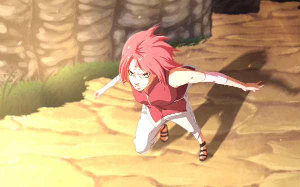 Sakura Haruno from Naruto charges forward with determination in this vibrant HD desktop wallpaper, capturing her strength and spirit in a dynamic animated scene.