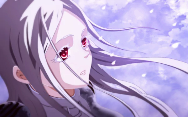 A captivating HD wallpaper featuring Shiro from Deadman Wonderland, showcasing her striking red eyes and flowing hair against a serene, pastel background.