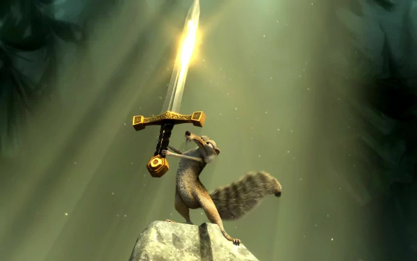 HD desktop wallpaper featuring Scrat, the squirrel from Ice Age's No Time for Nuts, holding a glowing sword atop a rock in a dramatic forest setting.