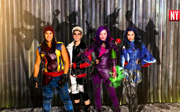 HD desktop wallpaper featuring characters from the movie Descendants standing in front of a gray metallic background.