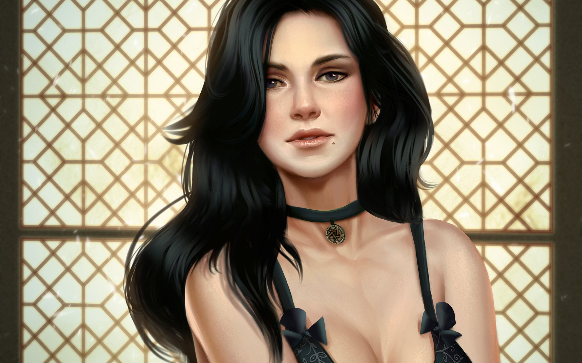 HD wallpaper of Yennefer of Vengerberg from the video game The Witcher 3: Wild Hunt, showcasing her black hair and distinctive attire against an ornate window background.