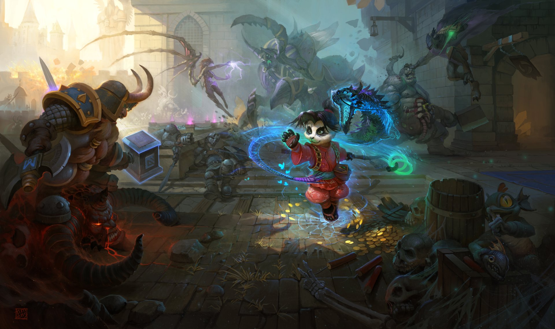 A vibrant 4K Ultra HD wallpaper featuring characters from the video game Heroes of the Storm, showcasing an action-packed scene with magic and mysterious creatures.