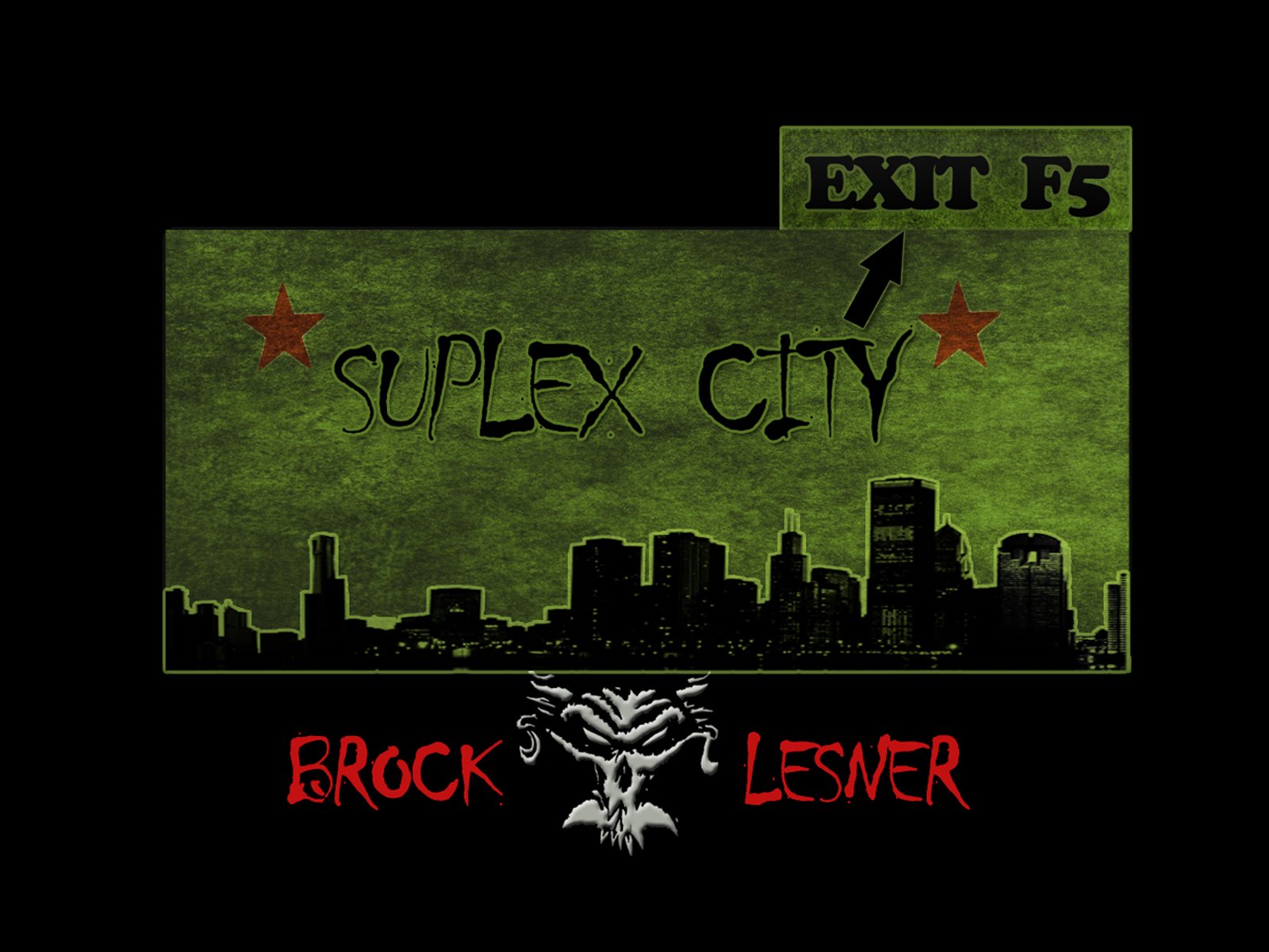 HD desktop wallpaper featuring Suplex City and striking graphics related to WWE sports, highlighted by Brock Lesnar's name and an urban skyline design.