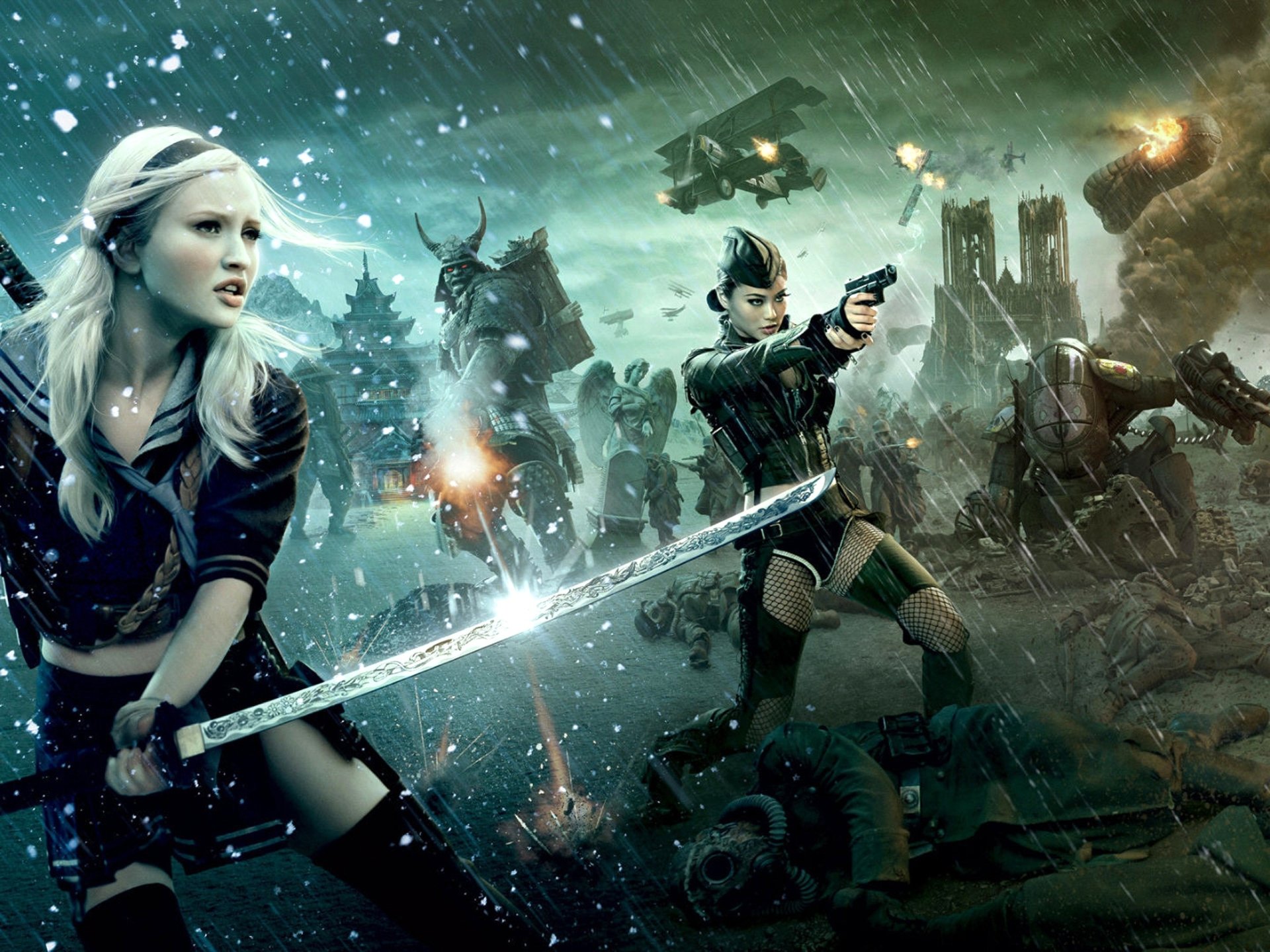 Action-packed scene featuring Jamie Chung and Emily Browning in a dramatic moment from the movie Sucker Punch, surrounded by a futuristic battle landscape.