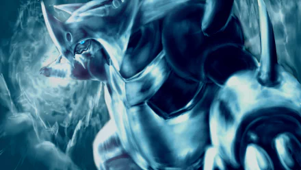 HD PC desktop wallpaper featuring Aggron, a Pokémon from the video game series, showcasing its powerful and armored design in a dynamic, icy blue illustration.