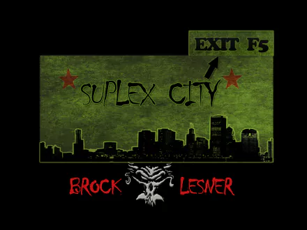 HD desktop wallpaper featuring Suplex City and striking graphics related to WWE sports, highlighted by Brock Lesnar's name and an urban skyline design.