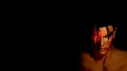 HD desktop wallpaper featuring Jin Kazama from the video game Tekken, showcasing a dark background with a focus on Jin's intense, glowing red eye.