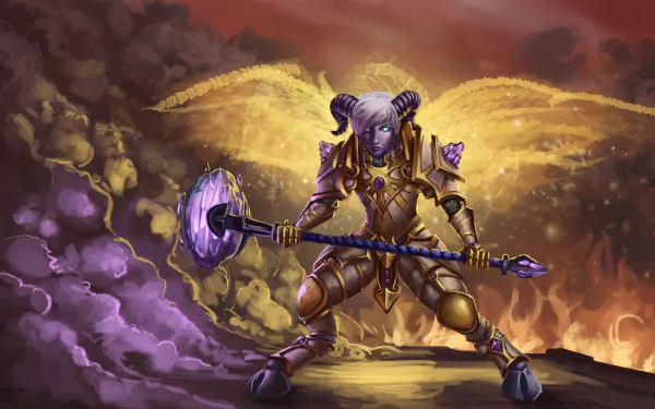 A vibrant HD wallpaper featuring Yrel, a Draenei warrior from World of Warcraft, standing in golden armor with a hammer, set against a dramatic, smoky backdrop.
