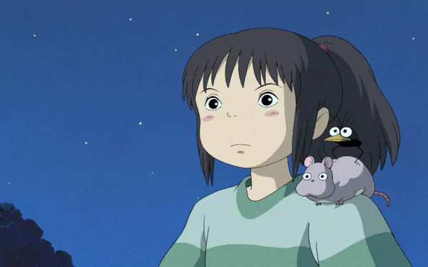 HD anime desktop wallpaper featuring Chihiro from Spirited Away with a soot sprite and small creatures on her shoulder against a starry night sky.