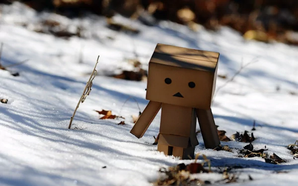 A cardboard figure stands alone in a snowy landscape, surrounded by fallen leaves. This whimsical scene makes for an engaging 4K Ultra HD PC desktop wallpaper and background.
