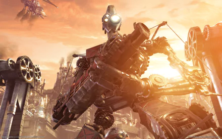 HD PC desktop wallpaper featuring a clockwork man from the video game Rise of Legends, depicted in a steampunk-inspired, mechanical battlefield scene.