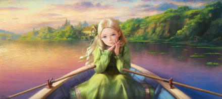 HD PC anime desktop wallpaper: Marnie from When Marnie Was There in a green dress sits in a rowboat on a tranquil sunset lake, cottage and wooded cliffs reflected in the water.
