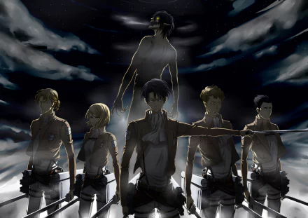 HD desktop wallpaper featuring Attack on Titan characters Petra Ral, Levi Ackerman, Oluo Bozado, Gunther Schultz, and Eld Jinn, standing ready for action against a nighttime backdrop.