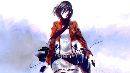 HD Anime wallpaper featuring Mikasa Ackerman from Attack on Titan, showcasing her in combat gear with a dramatic, colorful background.