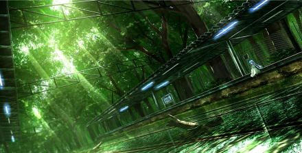 A serene anime landscape featuring a sunny train station surrounded by lush green trees and dappled light, creating a tranquil and vibrant atmosphere.