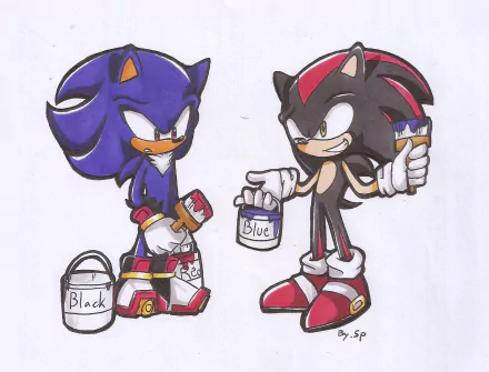 HD PC desktop wallpaper featuring Sonic the Hedgehog and Shadow holding paintbrushes and paint cans labeled black and blue, from the Sonic the Hedgehog video game series.