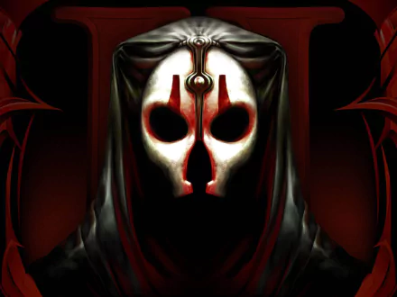 HD PC desktop wallpaper of Darth Nihilus from the video game Star Wars Knights of the Old Republic II, featuring his iconic white mask and dark hooded cloak.