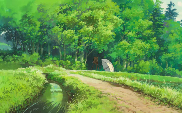 Anime HD desktop wallpaper from The Wind Rises depicting a lush green forest with a dirt path, a small stream, and a person holding a white umbrella.