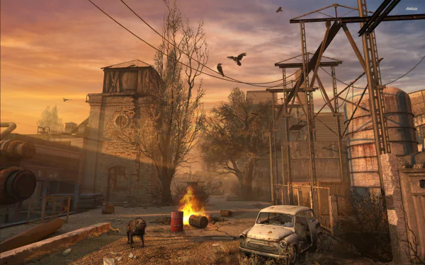 2K Quad HD PC desktop wallpaper from video game S.T.A.L.K.E.R.: Shadow of Chernobyl — a desolate industrial wasteland at sunset with a bonfire, abandoned car and a lone dog.