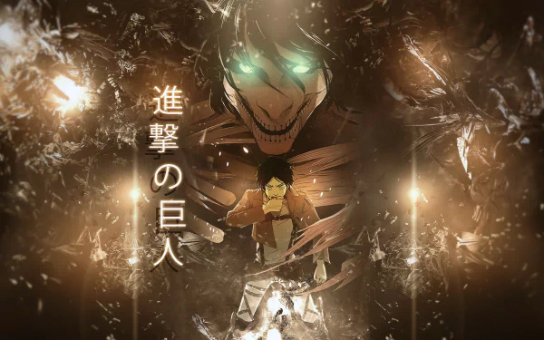 HD desktop wallpaper featuring Eren Yeager from the anime Attack on Titan, with a giant Titan face and Japanese text in the background.