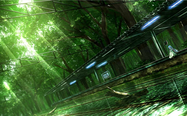 A serene anime landscape featuring a sunny train station surrounded by lush green trees and dappled light, creating a tranquil and vibrant atmosphere.