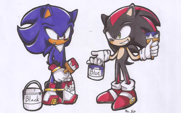 HD PC desktop wallpaper featuring Sonic the Hedgehog and Shadow holding paintbrushes and paint cans labeled black and blue, from the Sonic the Hedgehog video game series.