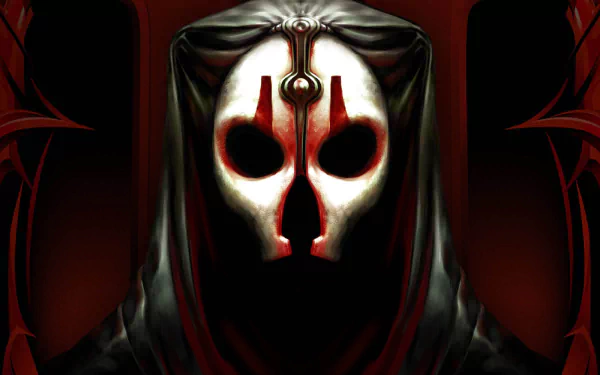 HD PC desktop wallpaper of Darth Nihilus from the video game Star Wars Knights of the Old Republic II, featuring his iconic white mask and dark hooded cloak.