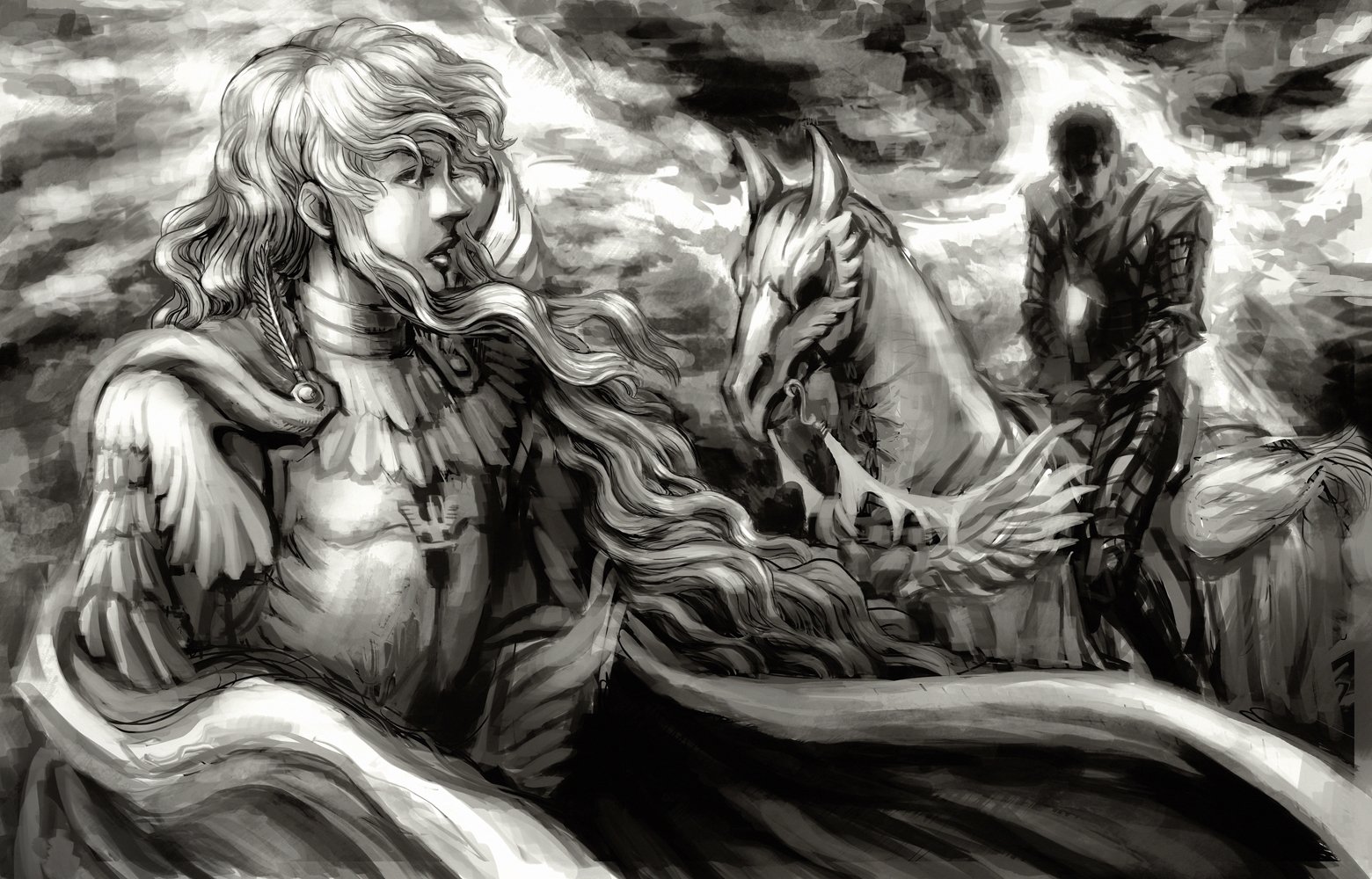 Black and white HD anime wallpaper featuring Guts and Griffith from Berserk, with detailed characters and a dramatic, cloudy background.