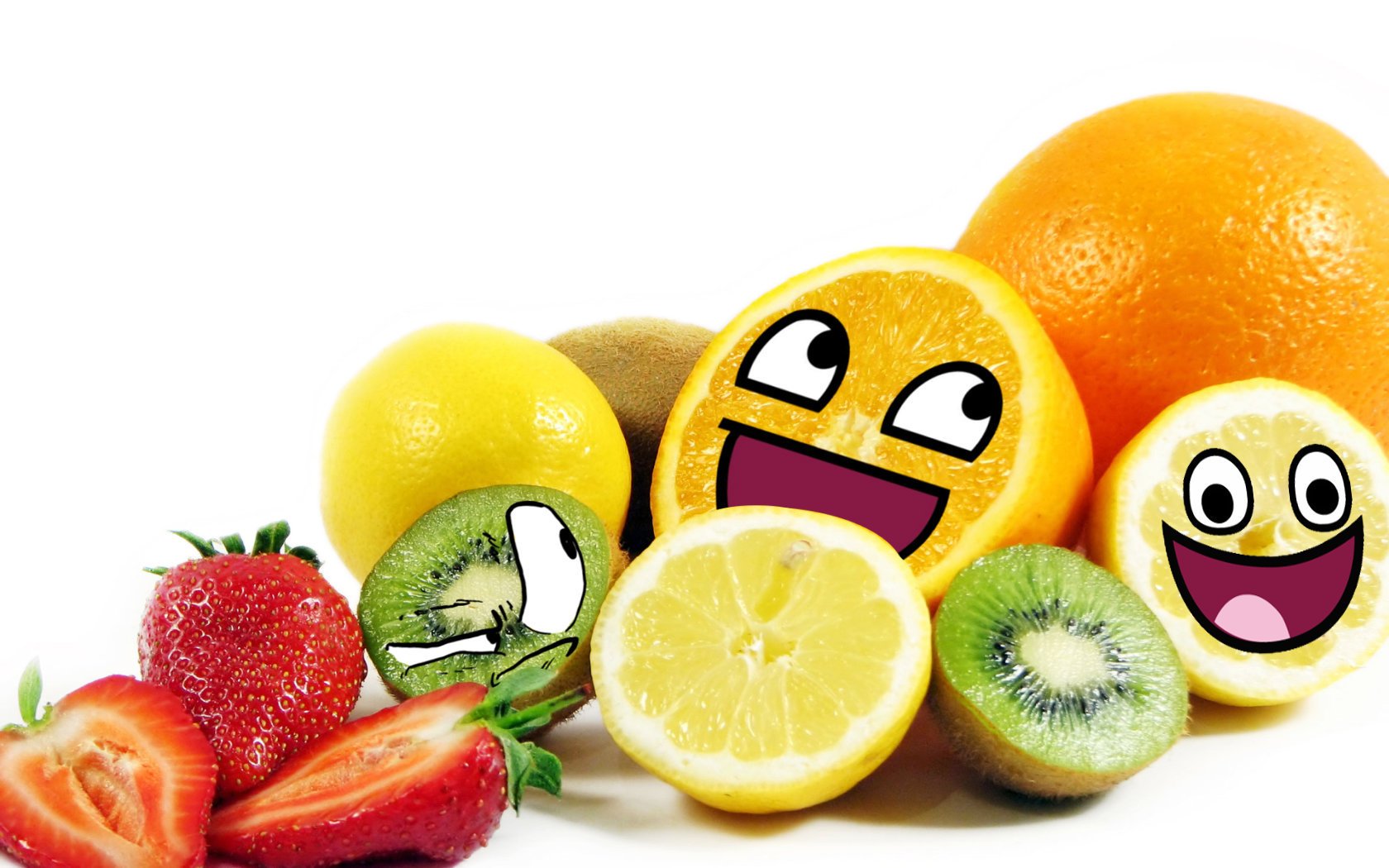 HD desktop wallpaper featuring a colorful assortment of fruits, including strawberries, kiwi, lemons, and oranges, decorated with funny, smiley faces against a white background.