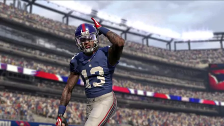 HD desktop wallpaper from Madden NFL 16 featuring an animated football player celebrating in a stadium.