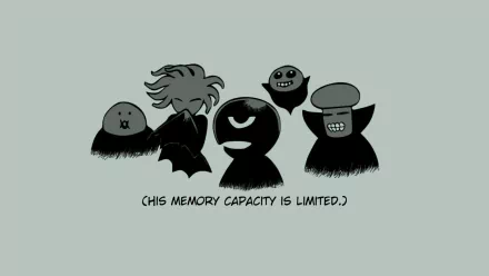 A stylish HD anime wallpaper featuring unique, abstract characters with a humorous touch, accompanied by the text (his memory capacity is limited). Perfect for fans of Berserk.