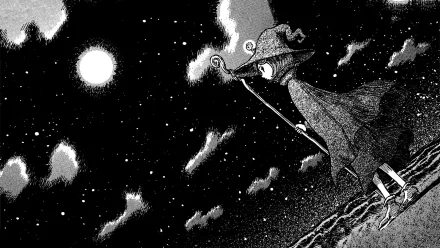 A captivating HD wallpaper featuring a mysterious figure in a cloak and hat, standing under a moonlit sky, evoking the dark aesthetic of anime and the iconic series Berserk.
