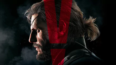 HD wallpaper featuring Big Boss from Metal Gear Solid V: The Phantom Pain, with a striking red V symbol overlay on his profile, set against a smoky, dark background.