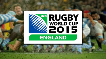 Rugby World Cup 2015 England logo over blurred rugby match action, sports-themed 2K Quad HD PC desktop wallpaper.