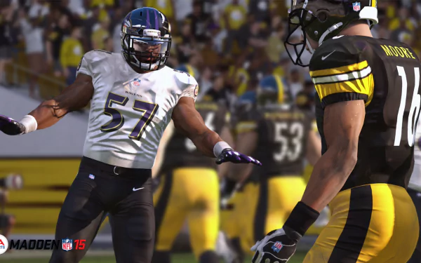 A dynamic scene from Madden NFL 16, showcasing a player in a white jersey celebrating against an opponent in black and gold. The vibrant stadium backdrop adds to the excitement of the game.