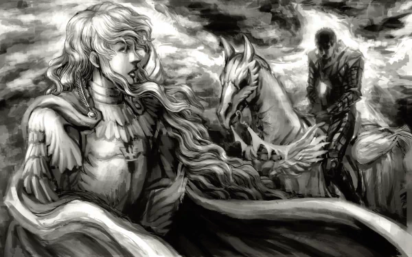 Black and white HD anime wallpaper featuring Guts and Griffith from Berserk, with detailed characters and a dramatic, cloudy background.