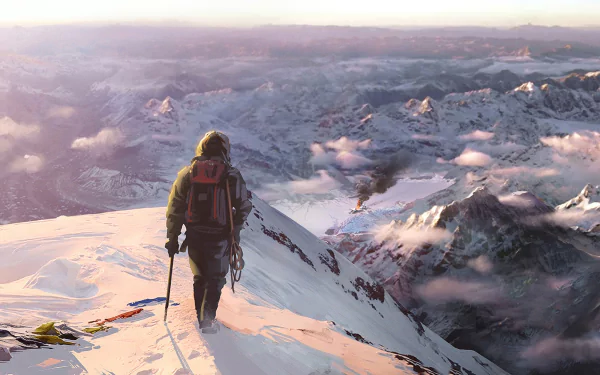 HD desktop wallpaper from Far Cry 4 featuring a character overlooking a snowy mountainous landscape at dawn.