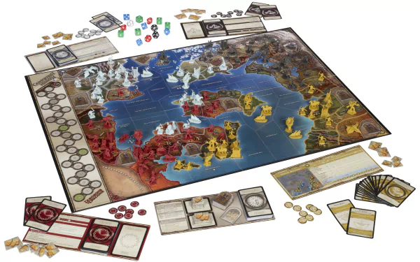 Man-made Dungeons & Dragons 5K Ultra HD PC desktop wallpaper depicting a tabletop fantasy board game with map, colored miniatures, cards, dice and tokens.