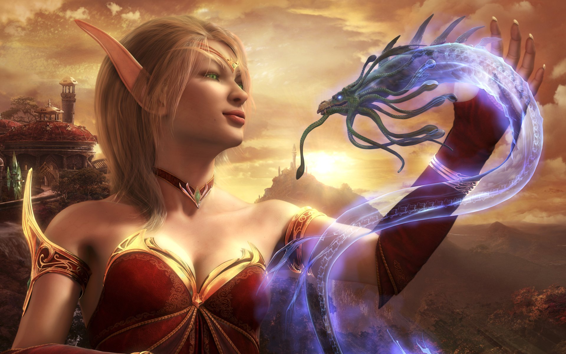 A stunning HD wallpaper featuring a blood elf from World of Warcraft, depicted with mystical energy and a serpent-like creature against a dramatic sunset backdrop.