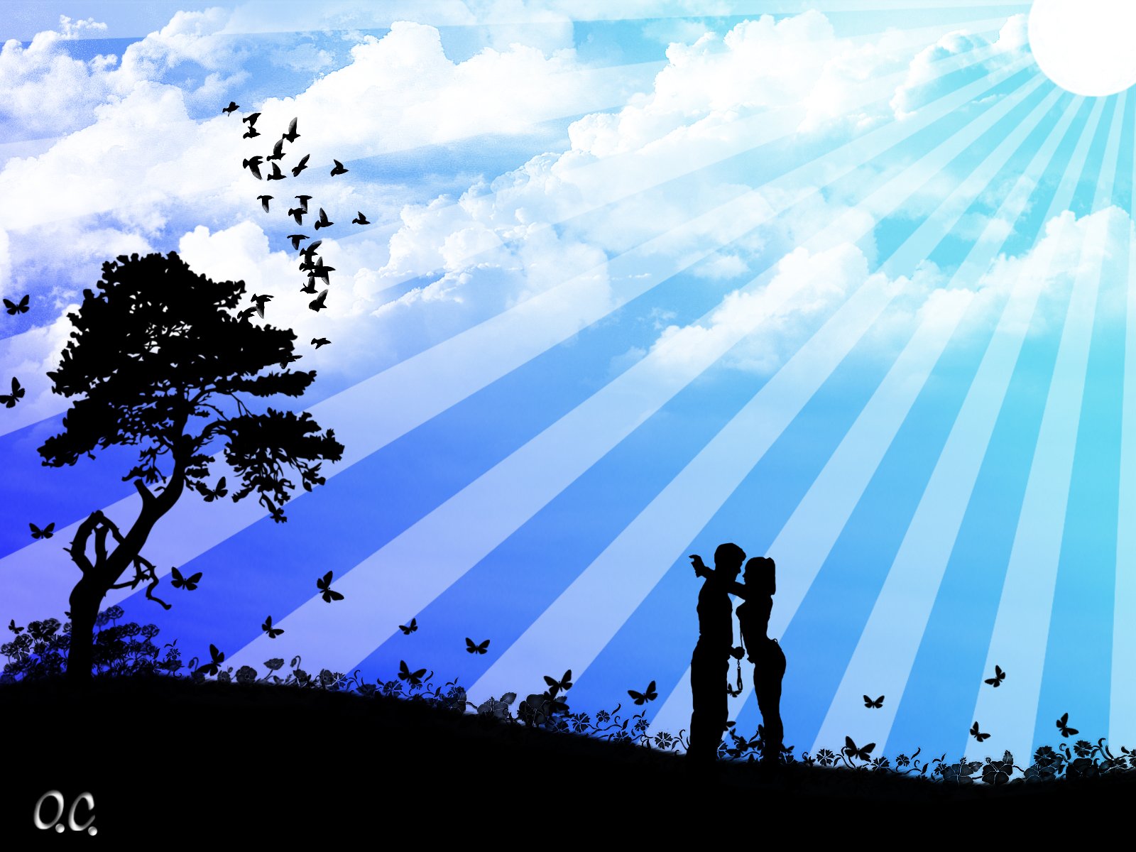 An artistic HD desktop wallpaper depicting a romantic scene with a couple silhouetted against a vivid blue sky, rays of sunlight, and a tree with birds flying past.