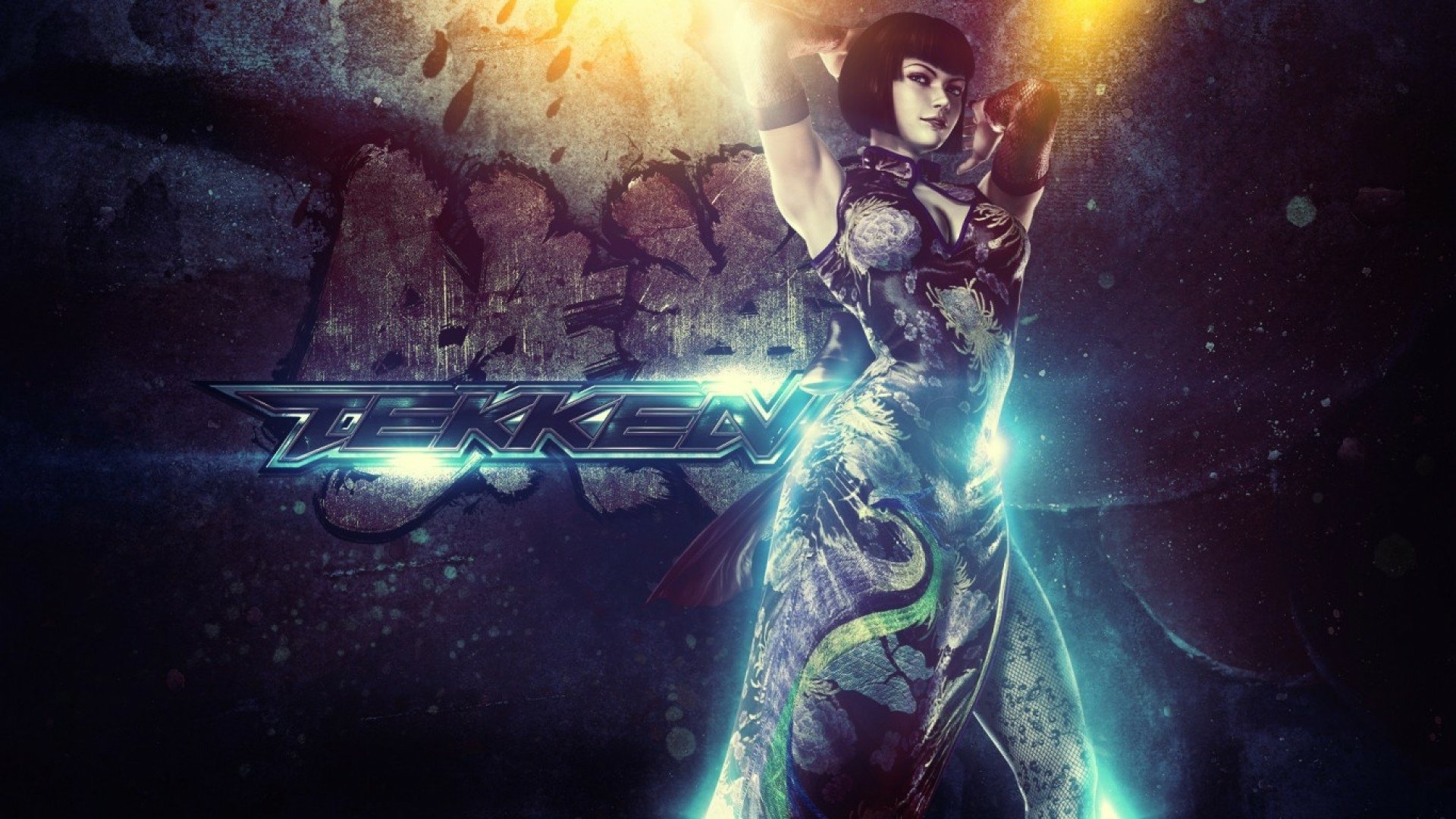 HD PC desktop wallpaper featuring Anna Williams from Tekken 5 wearing fishnet thigh highs, gloves, and a dress, smiling confidently with a glowing Tekken logo.